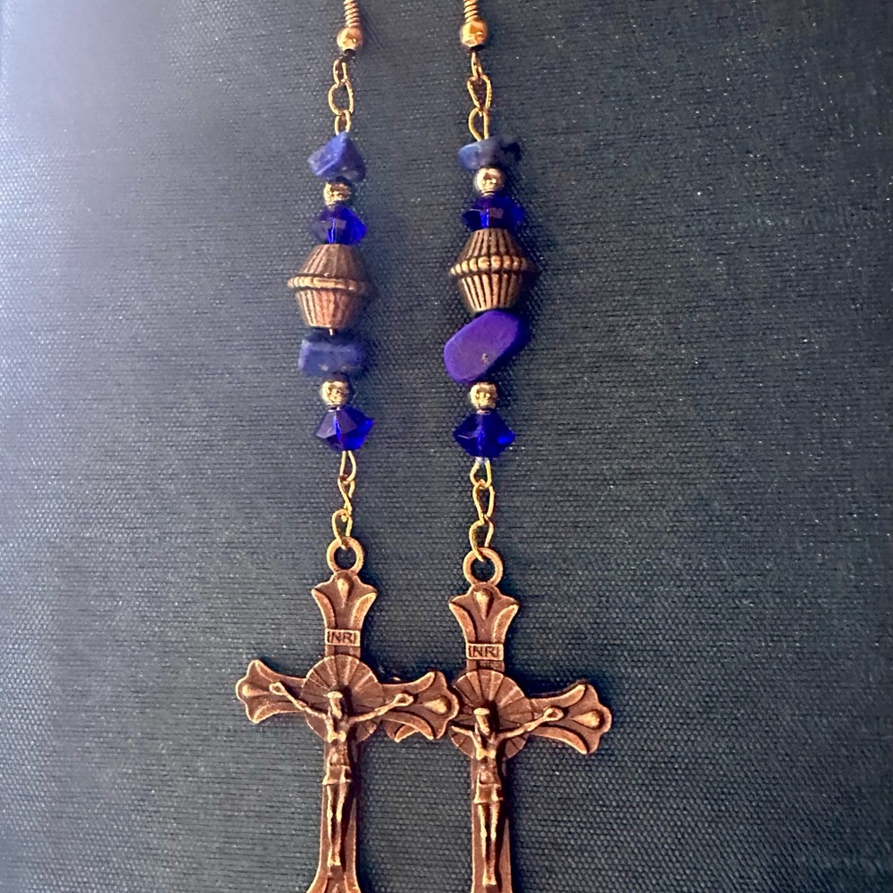 Romantic goth crucifix blue and brass earrings